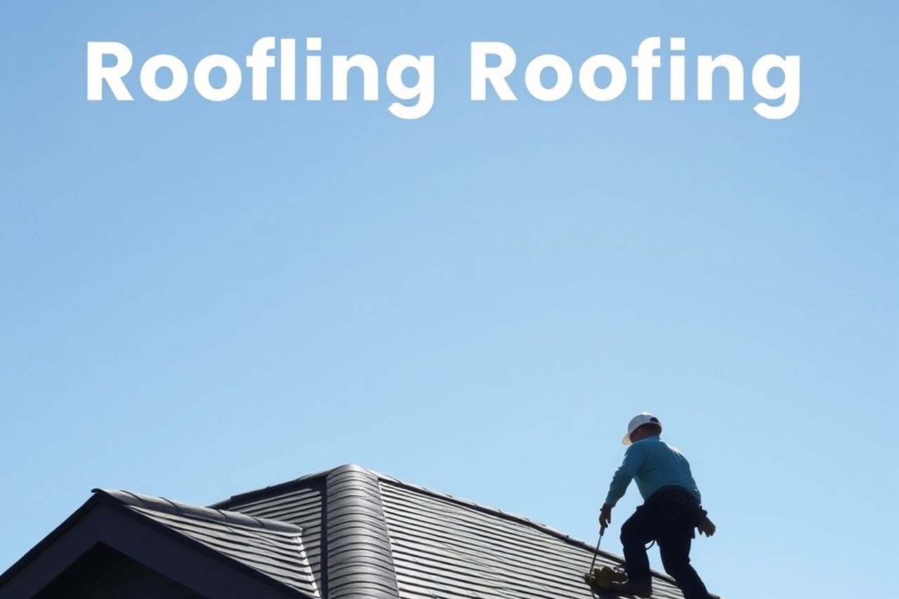 Roofer in a hard hat working along the ridge of a shingled roof under a clear sky